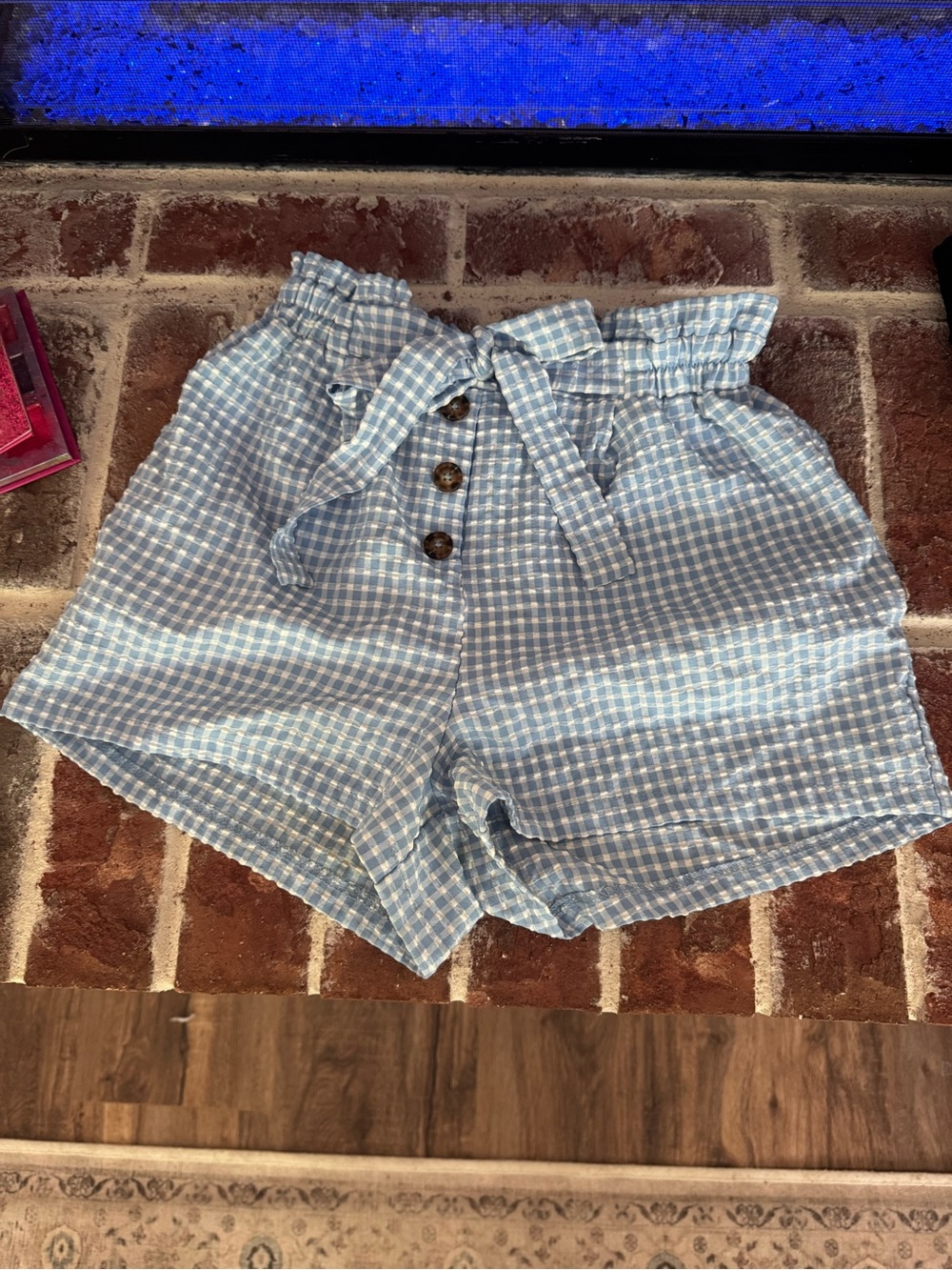 Women’s Blue Gingham Paperbag Waist Shorts